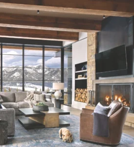 „Gemütliches Chalet‑Wohnzimmer in der Schweiz mit warmem HCL-Licht“